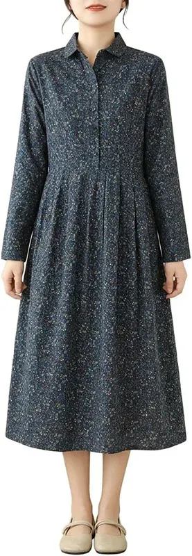 シャツワンピース レディース ロング 花柄 レトロ 長袖 襟付き ゆったり ナチュラル 綿麻風 さらさら 着痩せ 体型カバー 30代 40代 50代 カジュアル 通勤 お出かけ 普段着 春 夏 秋