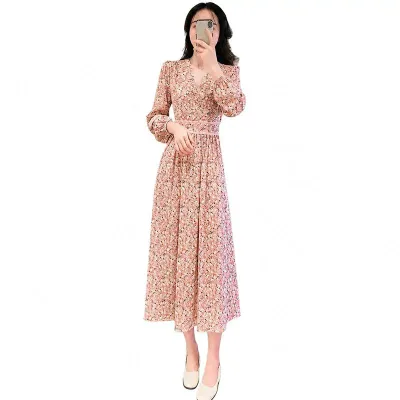 ワンピース レディース 花柄 ロングワンピース 長袖 Vネック きれいめ 春秋 シフォン 滑らか 軽やか ウエストマーク ロング丈 マキシワンピース レトロ フェミニン 体型カバー 着痩せ カジ