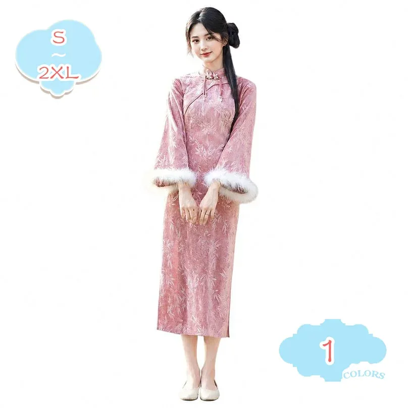 1000円OFFクーポン チャイナドレス レディース 体型カバー 着痩せ チャイナ服 中華風 ワンピース マキシ丈 ベルスリーブ ファー付き 可愛い エレガント レトロ クラシック お出かけ パーティー 秋 冬 大きいサイズ shopcp