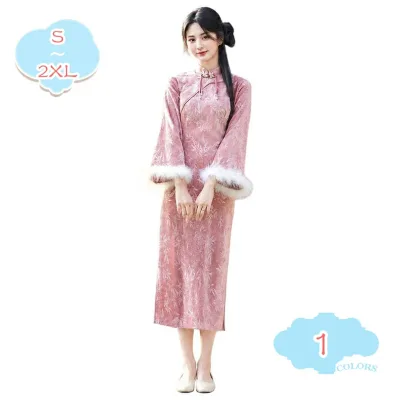 1000円OFFクーポン チャイナドレス レディース 体型カバー 着痩せ チャイナ服 中華風 ワンピース マキシ丈 ベルスリーブ ファー付き 可愛い エレガント レトロ クラシック お出かけ パーティー 秋 冬 大きいサイズ shopcp