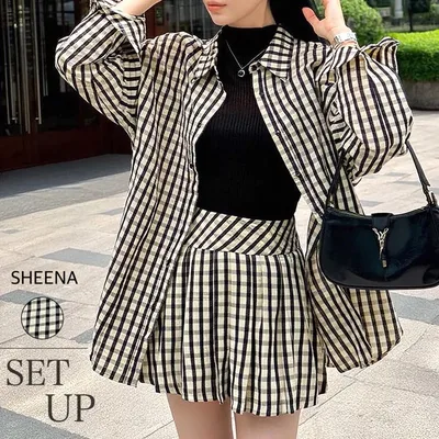 SHEENA セットアップ オーバーサイズチェックシャツ×プリーツミニスカート 2点SET スーツ