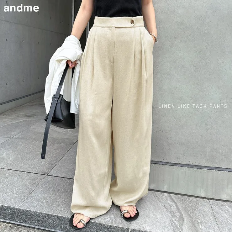 andme タック ワイド パンツ リネンライク レディース リネンパンツ ワイドパンツ スラックス ロングパンツ ボトム ウエストゴム 体型カバー ゆったり 楽ちん ポケット 裏地付き セレモニー きれいめ オフィス カジュアル トレンド セットアップ