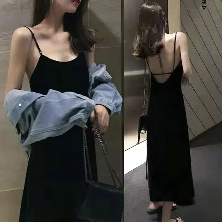 ワンピース レディース キャミソール キャミソールワンピース ロングワンピース ロング 背中みせ セクシー 無地 おしゃれ ブラック 黒 韓国 夏 Aライン