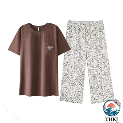 【全品5%ポイント】パジャマ レディース ルームウェア カップ付き 半袖 上下セット 締め付けない 楽ちん 総柄 プリント 綿混 涼しい 体型カバー 着痩せ 春夏 大人可愛い 七分丈パンツ ワイドパンツ ガウチョパンツ
