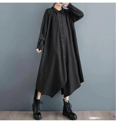 シャツワンピース 長袖 レディース 秋 冬 アシンメトリー ロング丈 ロングシャツワンピース ロングワンピース ミモレ丈 大きいサイズ ロングワンピ フレアワンピース ゆったり 体型カバー 大人 着痩せ きれいめ モード 黒 送料無料