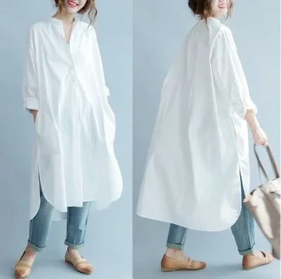 送料無料 シャツワンピース ロングシャツ ロング丈 レディース 秋 白シャツ ゆる 体型カバー コットン 綿 トップス ロングドレス リゾート チュニック ロングワンピース 着痩せ 20代30代40代50代