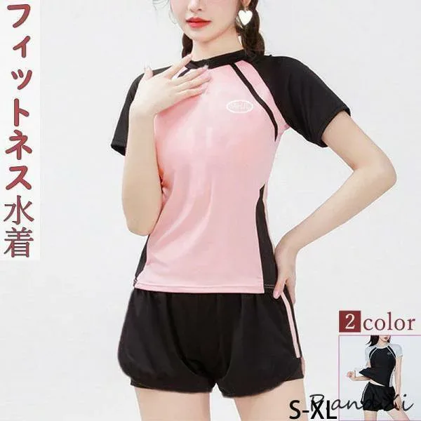 フィットネス水着 レディース 水着セット 体型カバー フィットネス スイムキャップ セット 半袖 めくれ防止 スポーツ ジム プール 競泳水着 20代 30代