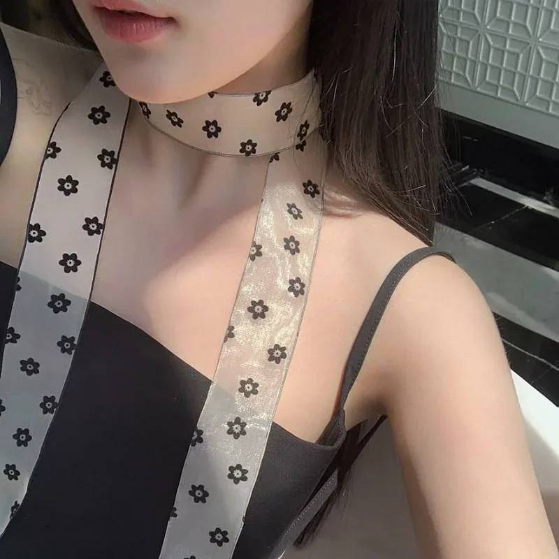 春夏 花柄 ハート型 ロング シルクスカーフ ヘアバンド ウエストベルト レイヤード リボン 細巻き 装飾アクセサリー 万能 かわいい スタイル