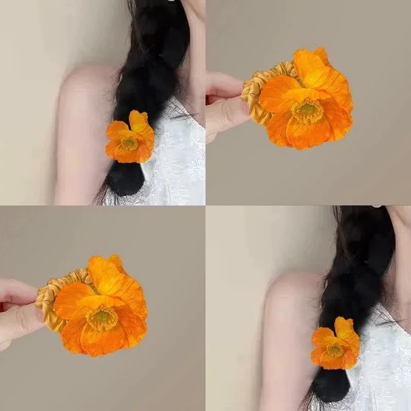 ヘアゴム レディース オレンジ ヒナゲシ 造花 ドライフラワー 髪飾り 髪留め シュシュ ヘアアクセサリー 高級感 普段使い おしゃれ かわいい 髪留め 飾り お団子ヘア まとめ髪 ヘアアレンジ ヘア用品 大人かわいい 上品 エレガント ギフト用 華やか