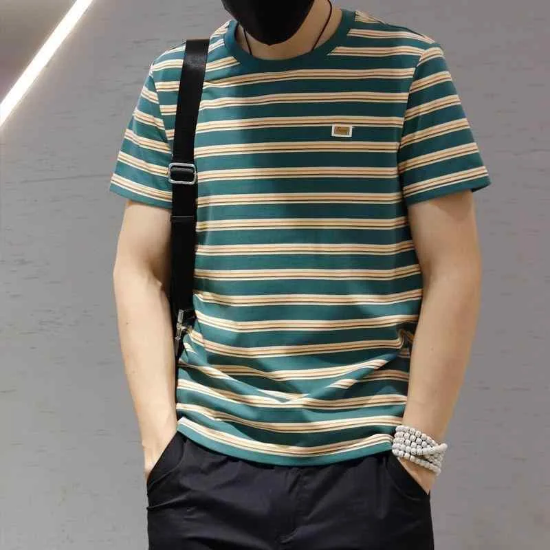 Tシャツ メンズ 男性用 半袖 ストライプ柄 カットソー トップス クルーネック 丸首 伸縮性 吸湿速乾 接触冷感 ゆったり ビッグシルエット カジュアル スポーティー おしゃれ 大きいサイズ プラスサイズ 体型カバー 細見え 着痩せ お腹周り 二の腕カ