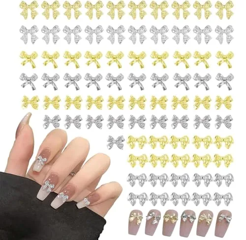nalaina 80個入り ネイルパーツ リボン 3D 立体 蝶結び多種類 可愛い シルバー ネイル デコパーツ きんぞくごうきん ジェルネイル パーツ DIY飾り物 装飾部品ビンテージ おしゃれ ハンドメイド ネイルアート ジュエリーパーツ 手作り デコパーツ
