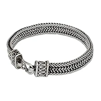 【中古】【輸入品・未使用】NOVICA 925スターリングシルバー メンズ 編み込みチェーンブレスレット 8インチ 0.5インチ幅 「Kingdom」