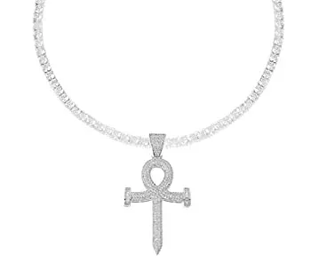 【中古】【輸入品・未使用】Bling Bling NY メンズ ロジウムメッキ シルバー仕上げ マイクロパヴェ キュービックジルコニア エジプトアンク クロスペンダント 1列4mmテニス