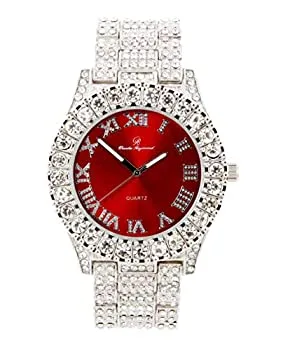 【中古】【輸入品・未使用】ST10327LA レディース ビッグロック ベゼル カラーダイヤル ローマ数字 アイスアウトウォッチ%カンマ% シルバー-レッド。%カンマ% womens%カンマ% ST10327