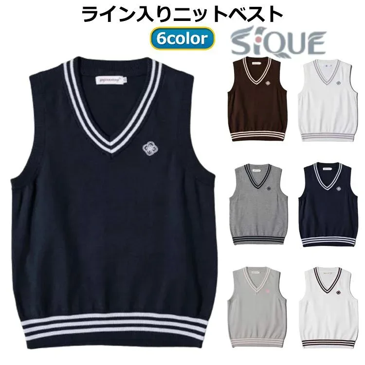 ニット ライン入り 女の子 ライン入り ギフト ニット 学生服 Vネック ベスト 制服 かわいい セーター 高校 高校生 中学 レディース ショート丈 ニット スクール 学校 ライン入りニットベ
