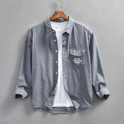 シャツ メンズ 長袖 ストライプ トップス カジュアル 秋服 大きいサイズ ゆったり 体型カバー 羽織り 襟付き 襟付きシャツ ボタンダウン 前開き ビッグシルエット 厚手 コットン混 柔らかい 軽量 通気性 吸湿速乾 普段着 通勤通学 通年 アウトドア
