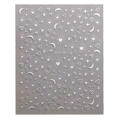 ネイルシール レディース 星 月 ハート 爪飾り 貼るだけ ネイルアート ジェルネイル風 シンプル シルバー 銀色 デザイン かわいい おしゃれ デコレーション ネイルステッカー 指先 アクセサリー 映え アイテム 簡単装着 セルフネイル 華やか 輝き ア