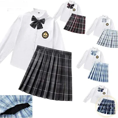 制服 女子高生 高校生 スカート長 袖シャツ 蝶結び ワッペン付き 4点セット JKコスプレ セーラー服 コスチューム 学生 衣装 レディース チェック柄 ギャル服 制服4点セット JK制服 プリーツスカート XS-4XL対応