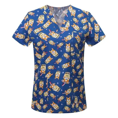 スクラブ レディース メンズ 女性用 男性用 キャラクタープリント Vネック 半袖Tシャツ トップス 医療用白衣 手術着 診察着 作業着 ユニフォーム 介護服 看護服 病院 クリニック 吸湿速乾 綿 売れ筋
