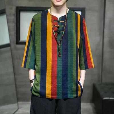 Tシャツ メンズ 男性用 春夏 中華風 チャイナ服 唐装 漢服 レトロ エスニック 盤ボタン ストライプ柄 半袖 綿 コットン 涼しい 通気性 普段使い カジュアル トップス ゆったり