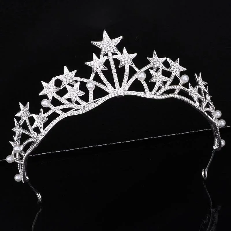 ヘアアクセサリー レディース 王冠 ラインストーン 星モチーフ 花嫁 ヘッドバンド プリンセス クイーン スタイル かわいい 金属 電気メッキ加工 銀 ゴールド