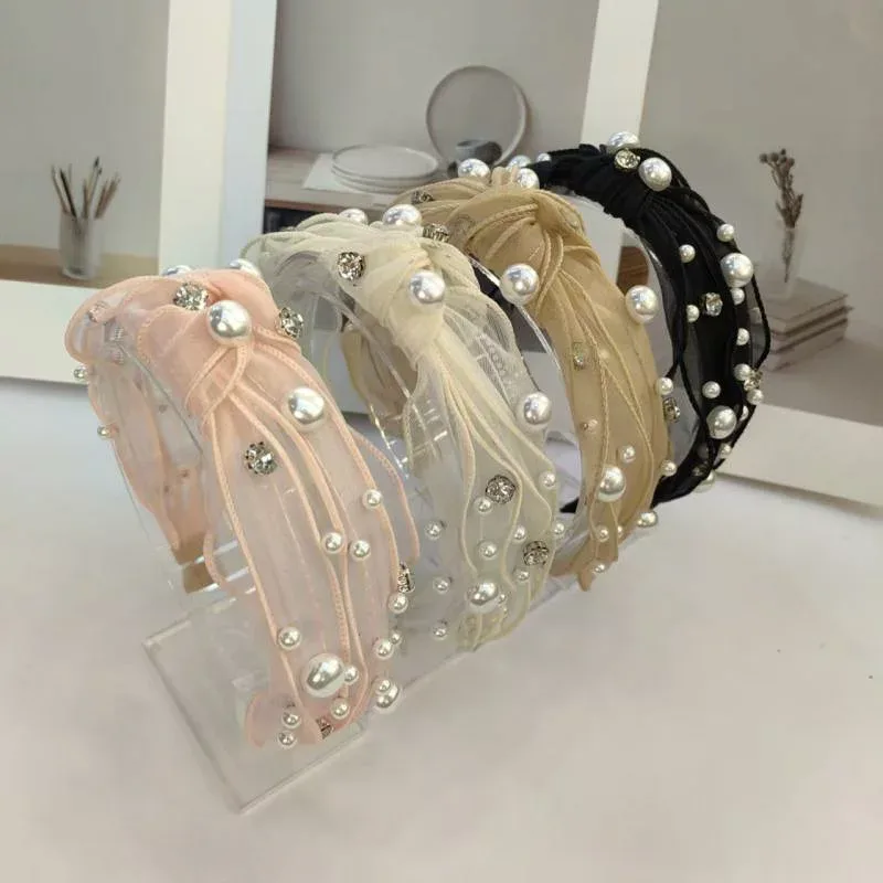 ヘアバンド レディース 森系 レース ワイド リボン結び 上品 パール ラインストーン 宝石入り チュール エレガント ヘアアクセサリー 布製 ブラック ピンク ベージュ 夏 かわいい おしゃれ 普段使い