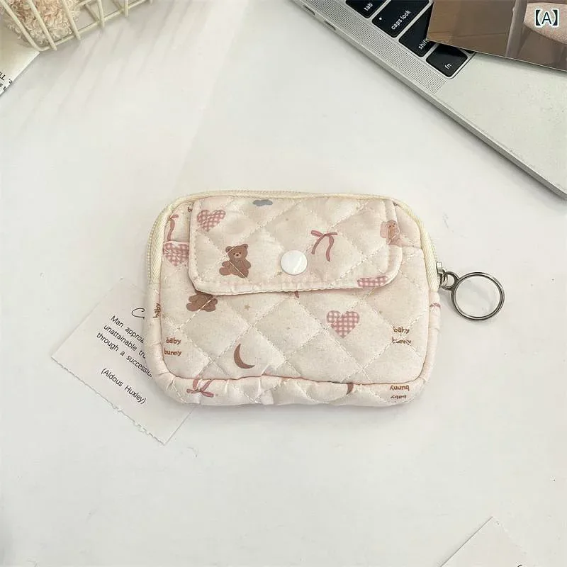収納ポーチ レディース かわいい カートゥーン 花柄 動物柄 キルティング 多機能 カードケース コインケース ピンク ブラウン ブルー ポリエステル 家庭収納