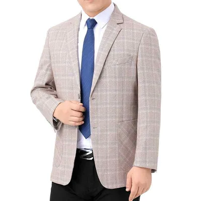ジャケット メンズ 男性用 春秋 ウール ポリエステル カーキ チェック柄 通勤 オフィス ビジネス カジュアル ノーアイロン シワになりにくい ストレートシルエット 上着 アウター