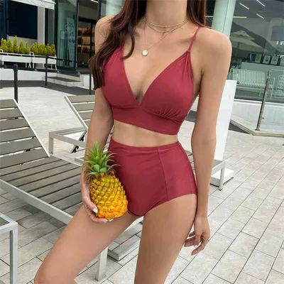 ビキニ レディース 水着 セパレート 体型カバー ハイウエスト バックシャン ホルターネック 無地 バックレス 美脚 盛れる 露出控えめ ノンワイヤー パッド付き 温泉 旅行 リゾート スイムウェア