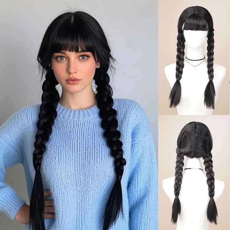 ウィッグ レディース ロング コスプレ 三つ編み かつら フルウィッグ 双子編み 耐熱 自然 ヘアアレンジ キャラクター風 ブラック