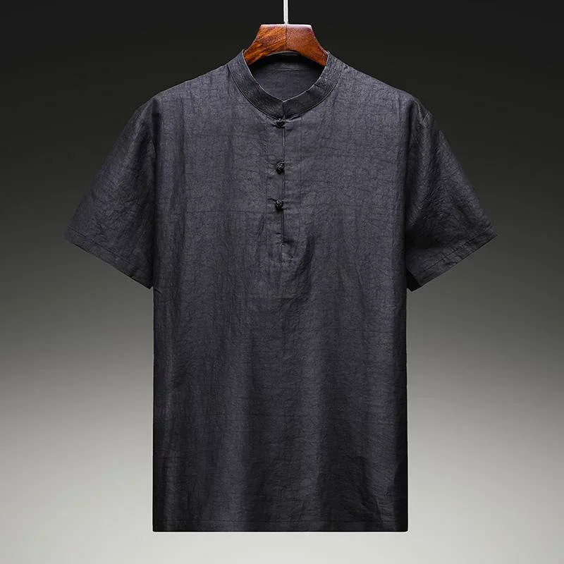 Tシャツ メンズ 半袖 チャイナ服 トップス 桑蚕糸風 接触冷感 ひび割れ模様 ブラック 涼しい 紳士 ビジネス カジュアル