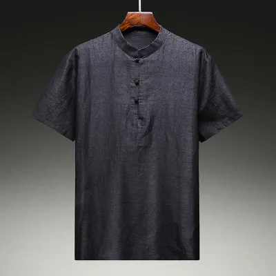 Tシャツ メンズ 半袖 チャイナ服 トップス 桑蚕糸風 接触冷感 ひび割れ模様 ブラック 涼しい 紳士 ビジネス カジュアル