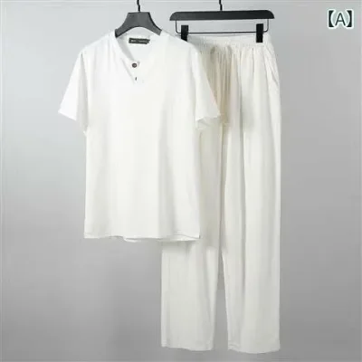 セットアップ メンズ 男性用 春夏 薄手 リネン 綿麻 Tシャツ トップス 中国風 チャイナ風 唐装 禅修服 瞑想服 カジュアル 普段使い 部屋着
