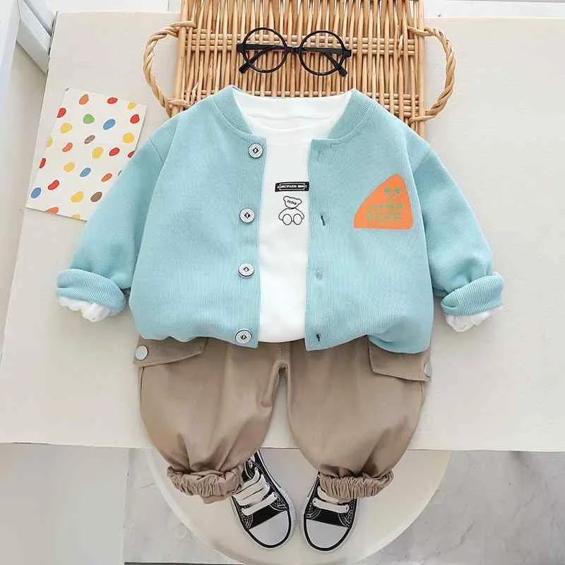 キッズ 男の子 ベビー セットアップ 上下セット 長袖 ロングパンツ 3点セット 春秋 綿混 カジュアル おしゃれ クール ソフト 普段使い お出かけ ブルー