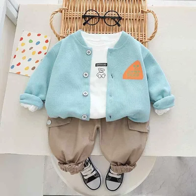 キッズ 男の子 ベビー セットアップ 上下セット 長袖 ロングパンツ 3点セット 春秋 綿混 カジュアル おしゃれ クール ソフト 普段使い お出かけ ブルー