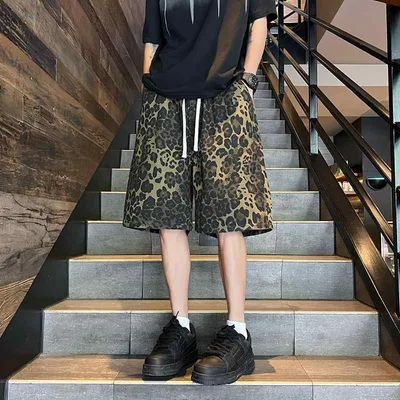 ショートパンツ メンズ 大きいサイズ 切り替え ヒョウ柄 プリント デニムパンツ ハーフパンツ ビーチパンツ カジュアル コットン混 春夏
