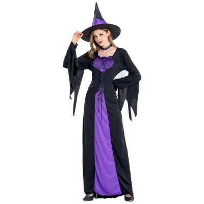 コスプレ衣装 レディース ハロウィン 魔女 ウィッチ 大人用 パープル ロング丈 ワンピース ドレス イベント パーティー 仮装 舞台 ステージ 演出服
