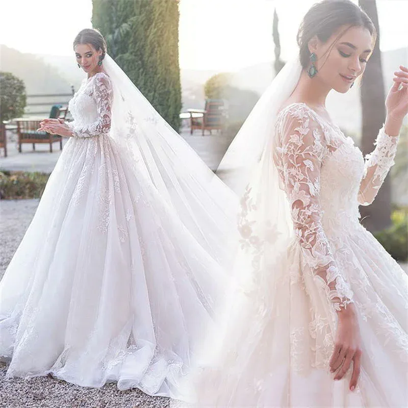 ウエディングドレス ウェディングドレス 結婚式 二次会 ホワイト 長袖 ロングスリーブ 花嫁 白ドレス ロングドレス 披露宴 ウェディングフォト エレガント レース ブライダル 安い 前撮り 後撮り 袖あり 袖付き フォトウェディング wedding dress 海外挙式 小さいサイズ