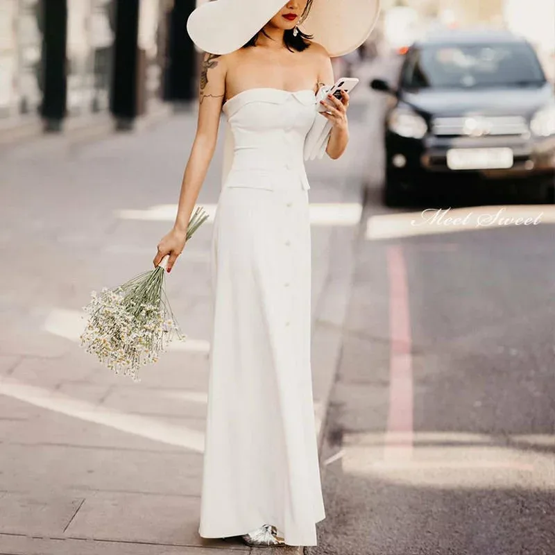 Wedding dress long length long dress wedding bustier bare top sleeveless sleeveless wedding dress after-party dress bride dress pre-photo shoot elegant home wedding satin white simple resort reception bridal dress overseas wedding semi-custom