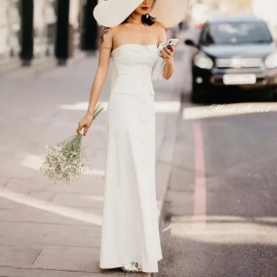 Wedding dress long length long dress wedding bustier bare top sleeveless sleeveless wedding dress after-party dress bride dress pre-photo shoot elegant home wedding satin white simple resort reception bridal dress overseas wedding semi-custom