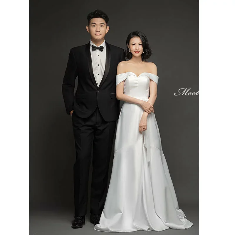 ウェディングドレス 新婦 ロングドレス Aラインドレス オフショルダー 結婚式 ウエディングドレス 二次会ドレス 花嫁 前撮り サテン シンプル リゾートドレス ワンピース 披露宴 ブライダルドレス エレガント 海外挙式 セミオーダー おしゃれ フォト婚 wedding dress