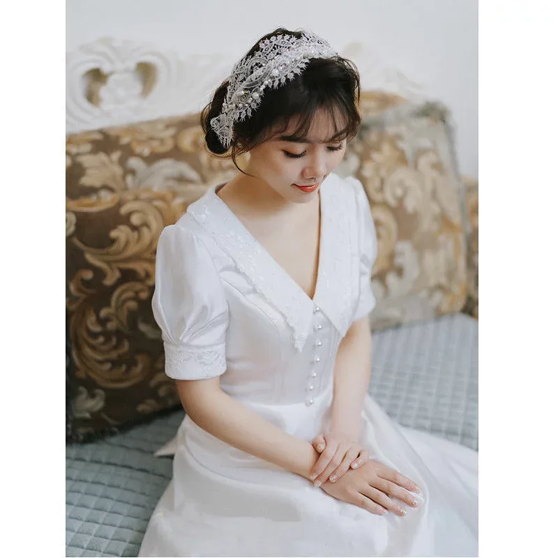 ウェディングドレス 二次会 ウエディングドレス 結婚式 花嫁ドレス サテンフランス風 Vネック サテン シースル 結婚式ドレス ウェディング ウェディングフォト 白 オフホワイト エレガント ブライダルドレス 前撮り 披露宴 海外挙式 セミオーダー おしゃれ フォト婚