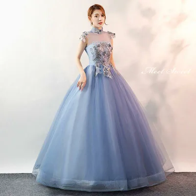 ウェディングドレス ウエディングドレス カラードレス 演奏会用ロングドレス ライトブルー 立ち襟 結婚式 コンサート 二次会ドレス 舞台衣装 ステージ衣装 披露宴 パーティードレス 発表会 イブニングドレス 花嫁 前撮り 後撮り