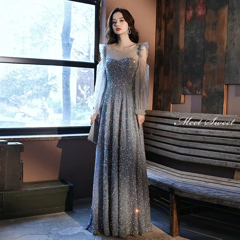 カラードレス ファスナー スパンコール ブルー 長袖 パーティードレス Aラインドレス ロングドレス スレンダードレス 結婚式 二次会 発表会 イブニングドレス ゲストドレス ウェディングドレス ウエディングドレス 女子会 同窓会 セレモニー 入学式 卒業式 披露宴