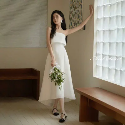 ウェディングドレス ウエディングドレス 二次会 2.5次会 結婚式 披露宴 前撮り 後撮り ブライダル ロングドレス 花嫁 シンプル ミモレドレス ビスチェ サテン 海外挙式 フォトウェディング オフホワイト wedding dress 小さいサイズ 大きいサイズ Aラインドレス