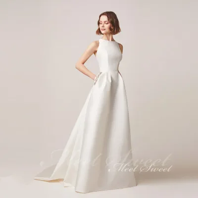 ウェディングドレス アメリカンスリーブ サテン ウェディングフォト ポッケトあり 花嫁 結婚式 二次会 前撮り ドレス ブライダル ウエディングドレス オフホワイト ロングドレス ウェディング ウエディング 披露宴 シンプル 二次会ドレス ウェディング お洒落