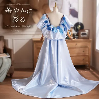 ショール ドレスショール 袖付きショール ロングショール ブルー 花モチーフ サテン ドレス羽織り ドレスアレンジ カラードレス ウェディングドレス 結婚式 披露宴 フォトウェディング 前撮り 後撮り 発表会 演奏会 撮影衣装 舞台 ステージ衣装 写真映え 二次会 パーティー