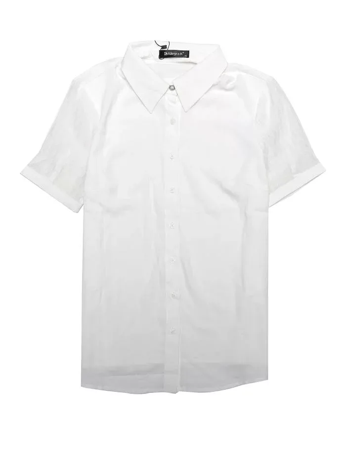 Allegra K ボタンダウンシャツ 通勤トップス 半袖ブラウス 薄手 シックスリーブ ポイントカラー レディース ホワイト XS
