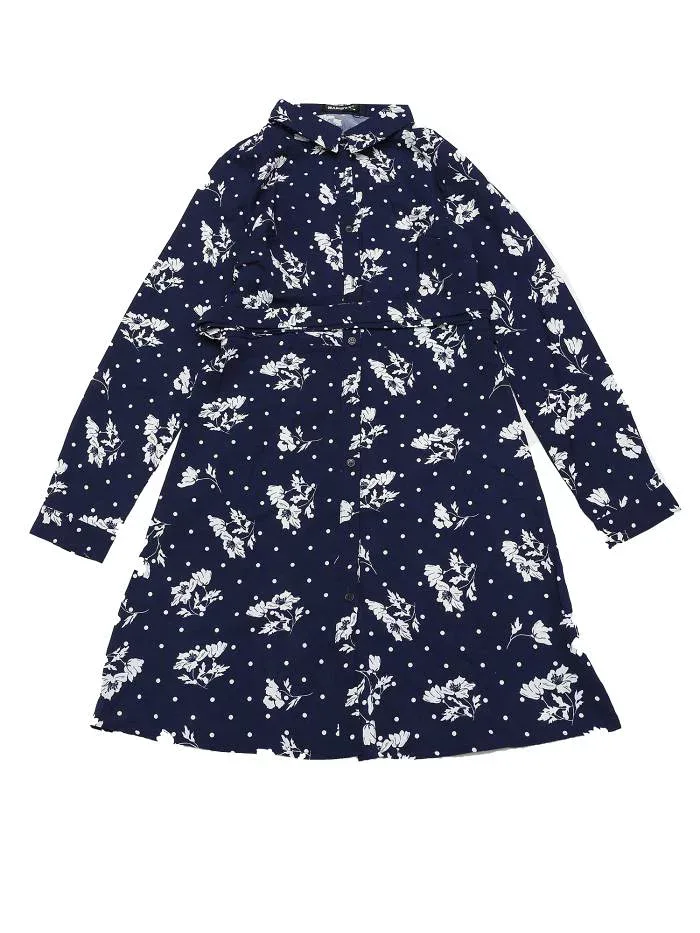 Allegra K シャツワンピース 長袖 水玉 花プリント ボタンダウン ショート丈 ベルト付き レディース ネイビーブルー XL