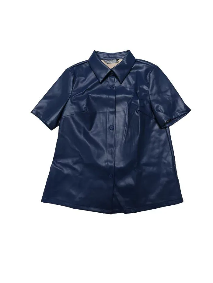 Allegra K PUレザーボタンダウンシャツ レディース 半袖 カラーブラウス ジャケット パーティークラブトップス ブルー L